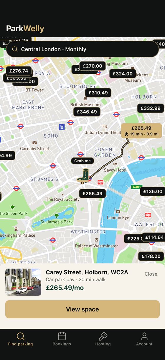The ParkWelly app, with priced spaces on a map of central London and the walk to one of them